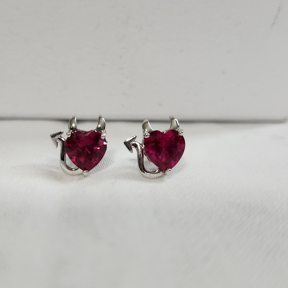 Heart-Shaped Devil Lab Mined Ruby Earrings - image 3